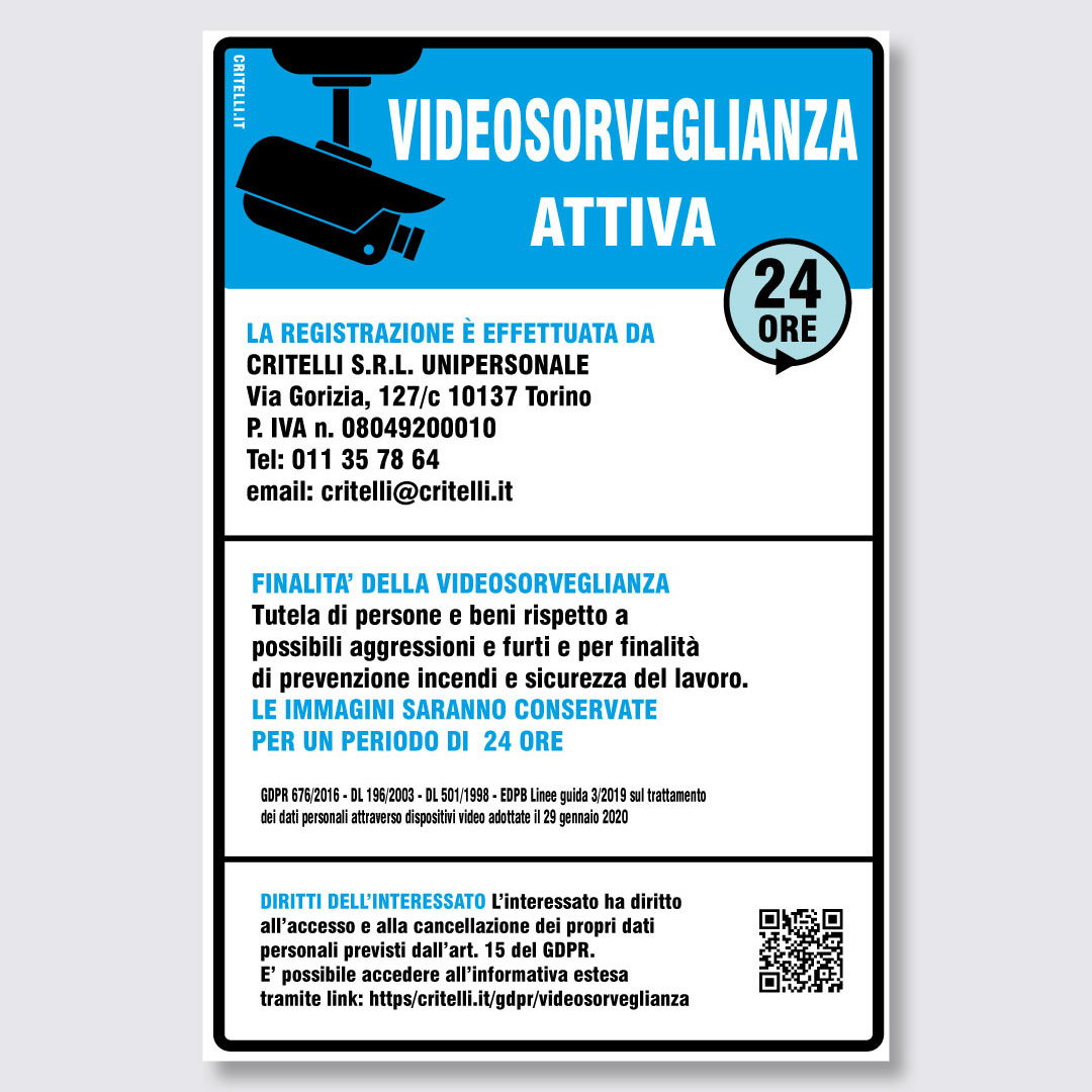 Cartello Videosorveglianza a norma 2024 GDPR e Privacy in Alluminio 24X36 cm Blu - immagine 2